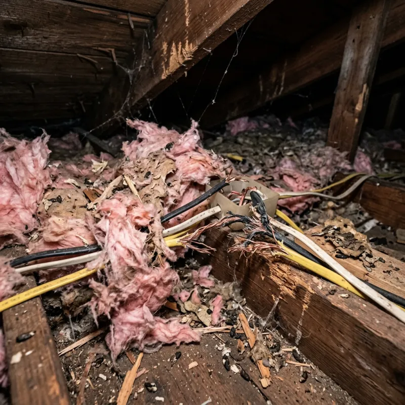 Contaminated ceiling insulation being assessed in a Fountain Gate roof space